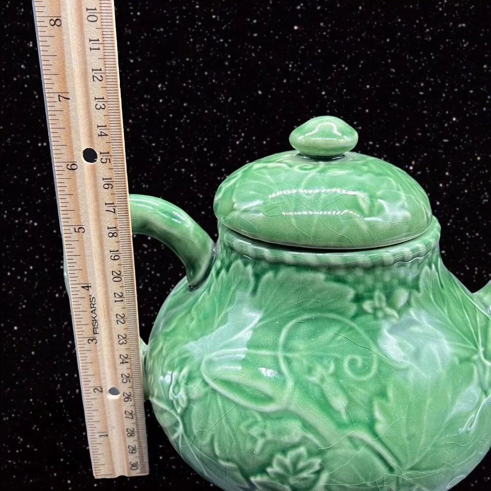 Vintage Pier 1 Imports Handpainted Green Cabbage Teapot Portugal 6”W 9”T‎